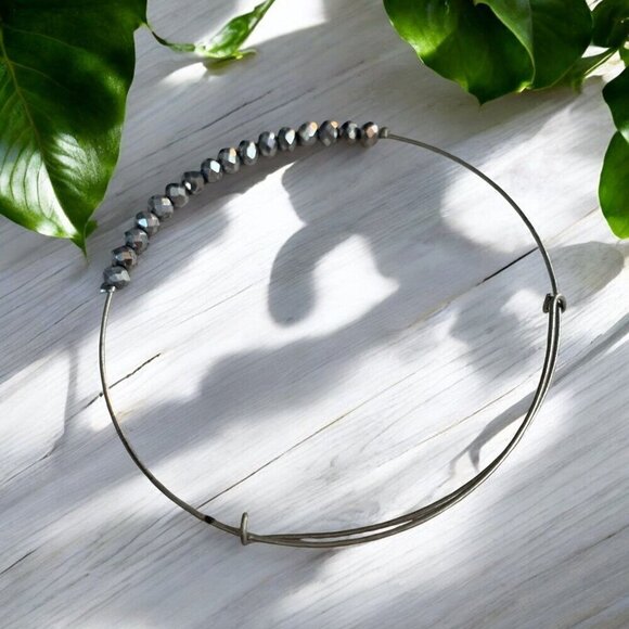 Adjustable Silver Tone Metal Beaded Charm Bangle Bracelet - Picture 2 of 5